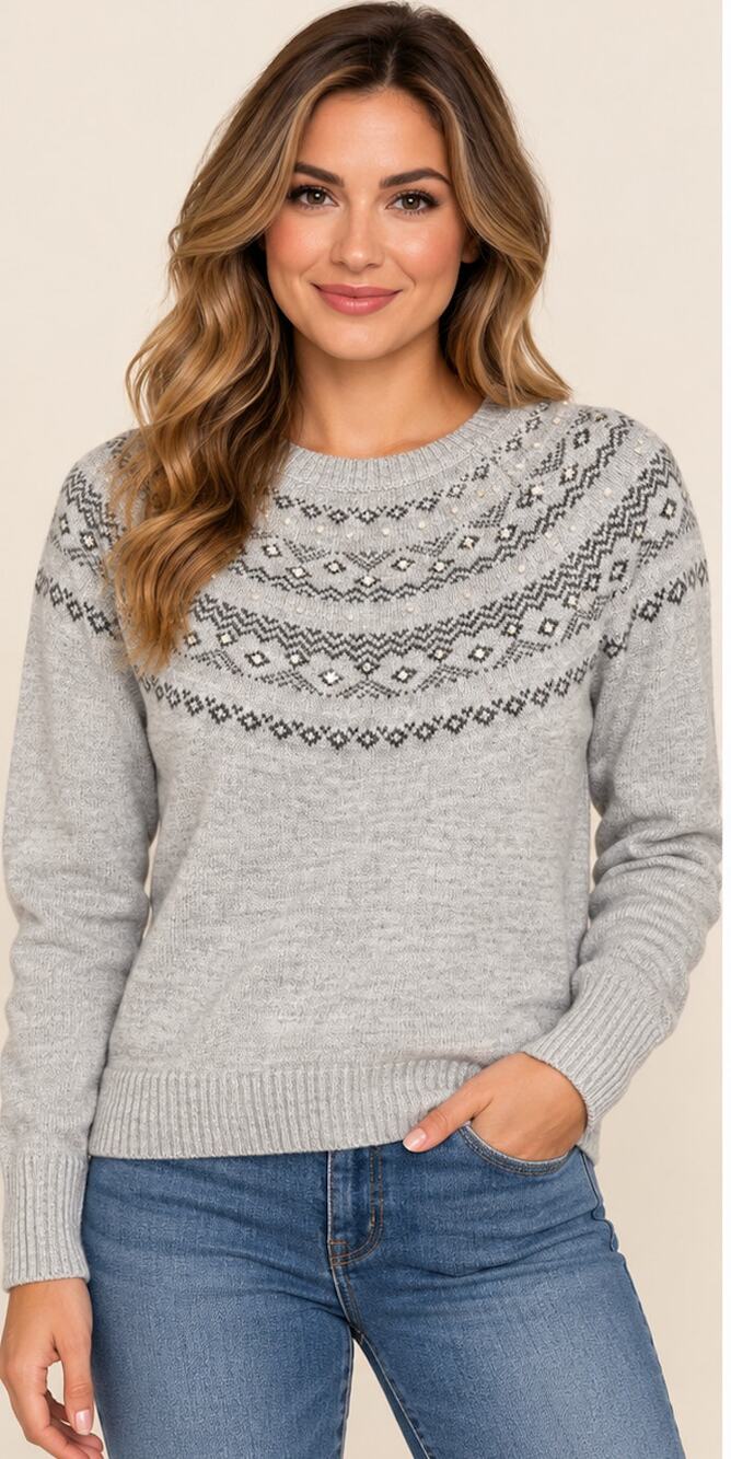 Absolutely Famous Fair Isle Pearl Rhinestone Sweater Gray L NWT